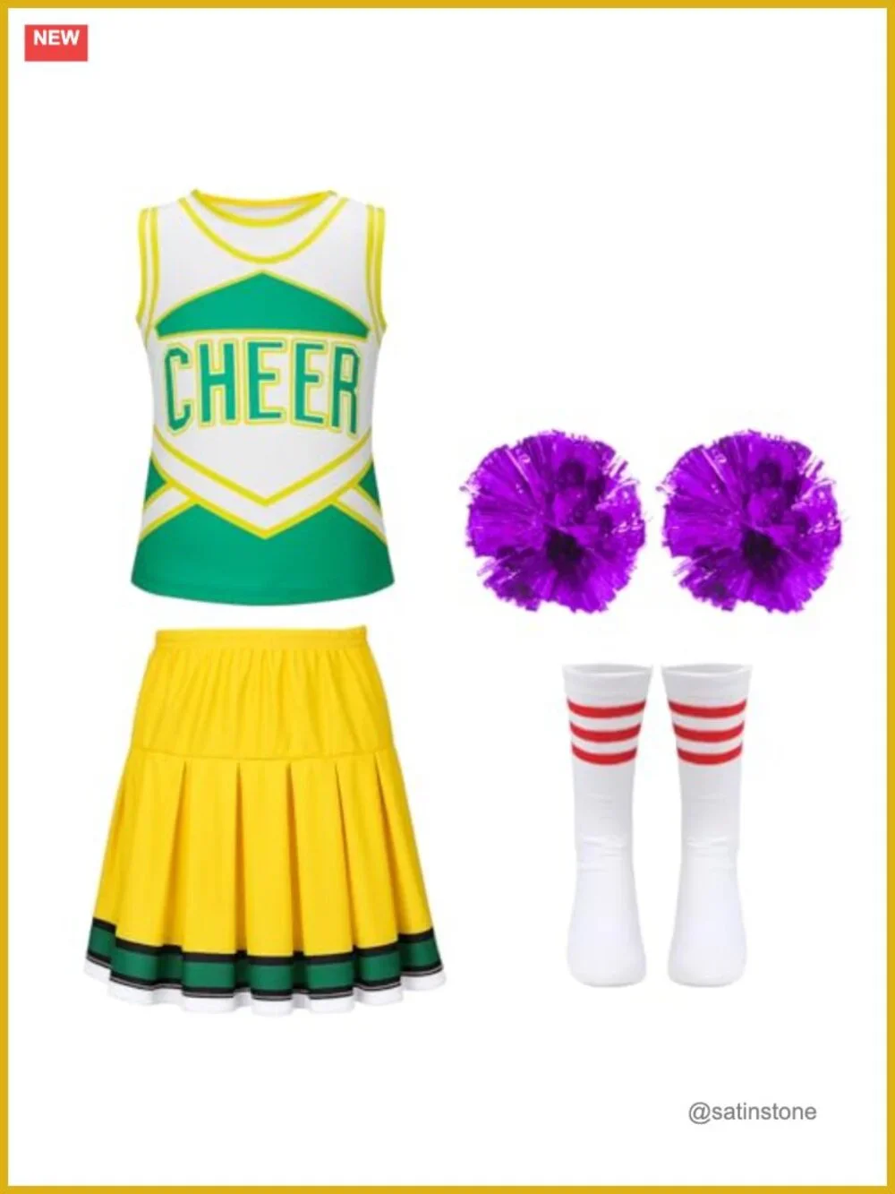 Girls Cheerleader Costume Set with Pleated Skirt and Pom Poms